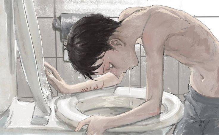 a drawing of a boy vomiting into a toilet